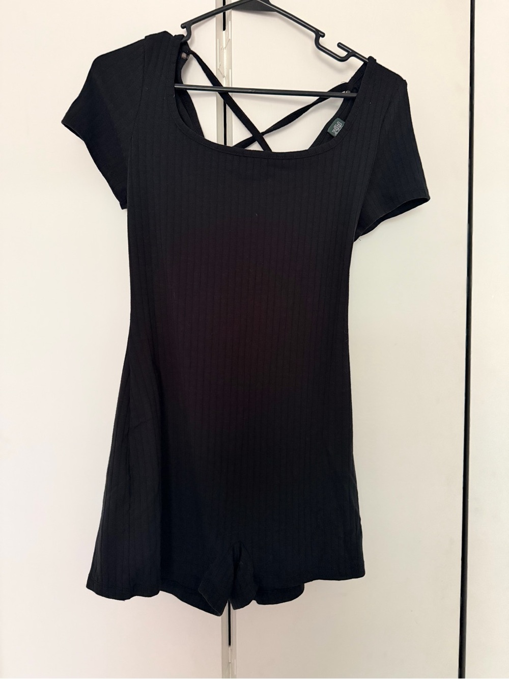wild fable Black Ribbed Short Sleeve Romper with Crossback Straps